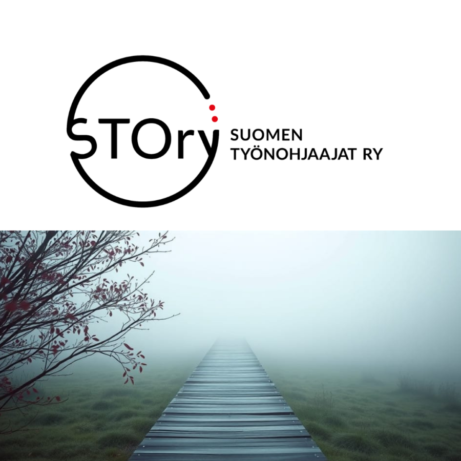 Suomen työnohjaajat ry:n logo sekä symbolisesti sumuisen maaston läpi johdattavat pitkospuut
