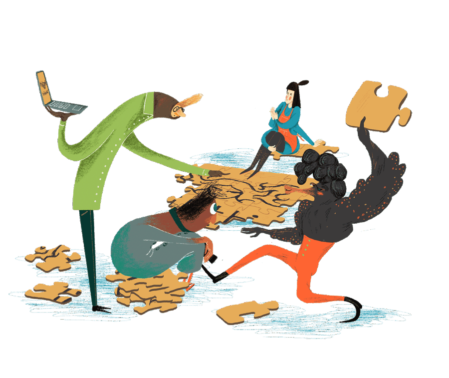 Lilithin hahmot rakentamassa yhteistä palapeliä